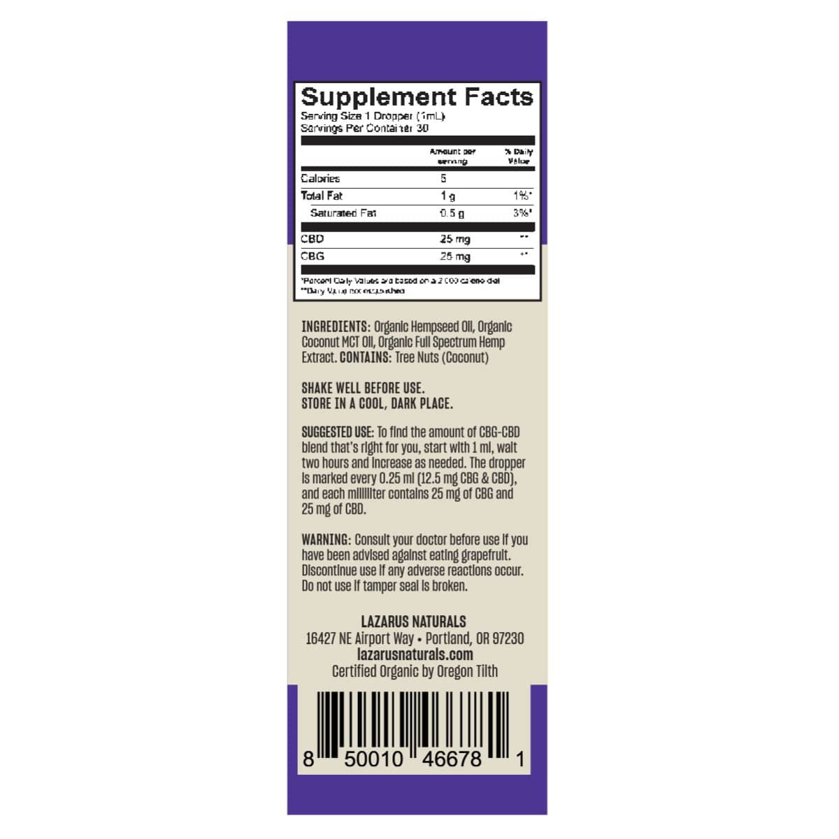 Organic CBD + CBG Tincture 25MG (120mL) - Lazarus Naturals - Lazarus Naturals - DC LLC